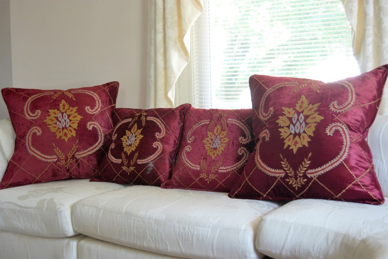 Decorative Pillow Cover Hand Embroidered in Burgundy & Gold Etsy