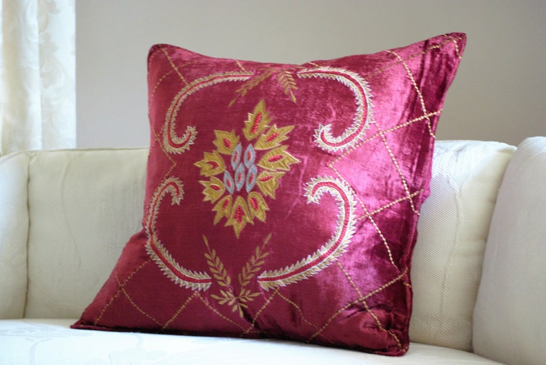 Decorative Pillow Cover Hand Embroidered in Burgundy & Gold Etsy