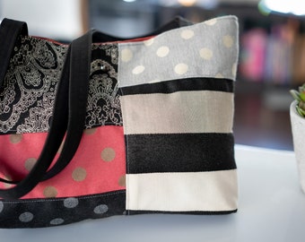 UpCycled Quilted Tote | Made with Recycled Designer Fabrics | Red, Black and White
