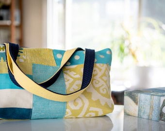 UpCycled Quilted Tote | Made with Recycled Designer Fabrics | Yellow and Blue