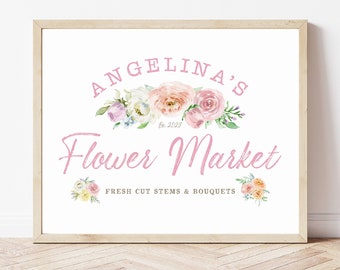 Personalized Pink Flower Market Sign, Printable Floral Party Sign, Fresh Flowers Print, Spring Wall Art, Watercolor Floral Decor, JPG File