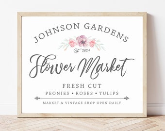 Personalized Flower Market Sign, Printable Fresh Flowers Print, Custom Spring Wall Art, Gardener Gift for Mom, Gift for Her Digital Download