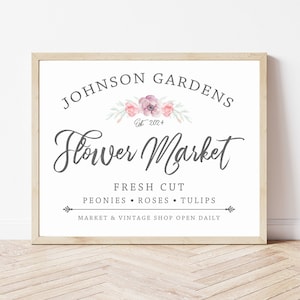 Personalized Flower Market Sign, Printable Fresh Flowers Print, Custom Spring Wall Art, Gardener Gift for Mom, Gift for Her Digital Download