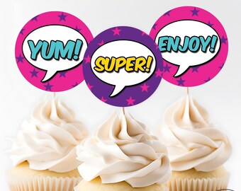 Girl Superhero Party Cupcake Toppers, Printable Super Hero Birthday Party Tags, Party Circles, Comic Book Party Decor INSTANT DOWNLOAD