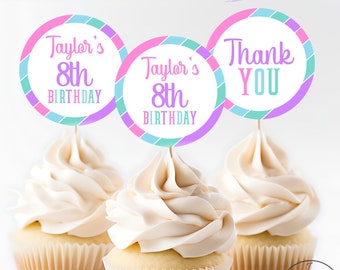 Pastel Cupcake Toppers, Printable Girl Birthday Party Circles, Stickers, Party Favor Tags, Pastel Party Decorations PDF INSTANT DOWNLOAD