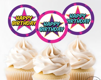 Girl Superhero Party Tags, Printable Super Hero Birthday Party Circles, Pink Purple Star Cupcake Toppers, Party Decor INSTANT DOWNLOAD