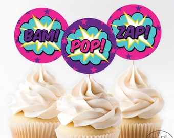 Girl Superhero Party Circles, Printable Super Hero Birthday Party Tags, Pink Purple Comic Book Cupcake Toppers, Party Decor INSTANT DOWNLOAD
