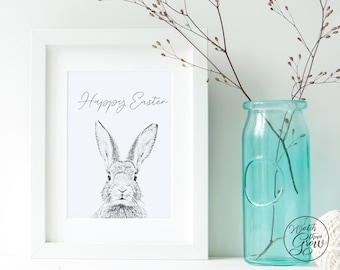 Bunny Sketch Easter Wall Art, Printable Easter Art, Modern Vintage Easter Decor, Neutral Easter Party Sign, Happy Easter DIGITAL DOWNLOAD