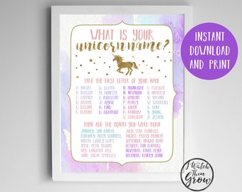 Unicorn Name Game, Unicorn Party Game, Printable "What's Your Unicorn Name" Birthday Party Poster, 8x10 PDF INSTANT DOWNLOAD