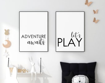 Modern Playroom Wall Art Set of 2, 18x24 Large Monochrome Kid's Playroom Prints, "Adventure Awaits" and "Let's Play" INSTANT DOWNLOAD