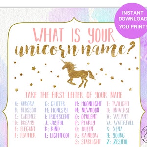 Unicorn Name Game, Unicorn Party Game, Printable What's Your Unicorn Name Birthday Party Poster, 8x10 PDF INSTANT DOWNLOAD image 3