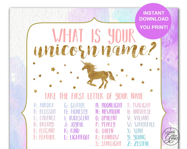 Unicorn Name Game, Unicorn Party Game, Printable What's Your Unicorn Name Birthday Party Poster, 8x10 PDF INSTANT DOWNLOAD image 3