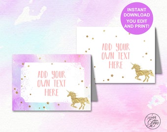 Unicorn Party Tent Cards, Editable/Printable Unicorn Birthday Party Buffet Cards, Pink and Gold Unicorn Food Labels, PDF INSTANT DOWNLOAD