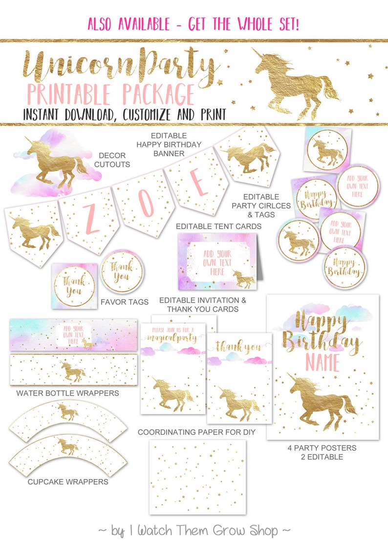Unicorn Party Banner, Editable/Printable Unicorn Birthday Banner, Pink and Gold Unicorn Happy Birthday Banner PDF INSTANT DOWNLOAD image 5