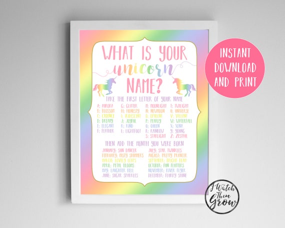 rainbow unicorn name party game printable whats your unicorn name