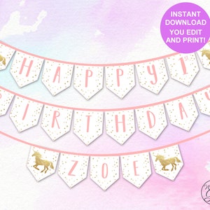 Unicorn Party Banner, Editable/Printable Unicorn Birthday Banner, Pink and Gold Unicorn Happy Birthday Banner PDF INSTANT DOWNLOAD image 1