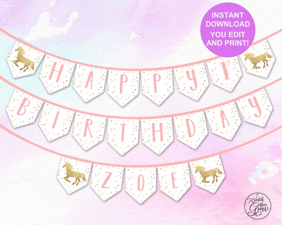 unicorn party banner editable printable unicorn birthday banner pink and gold unicorn happy birthday banner pdf instant download by i watch them grow catch my party