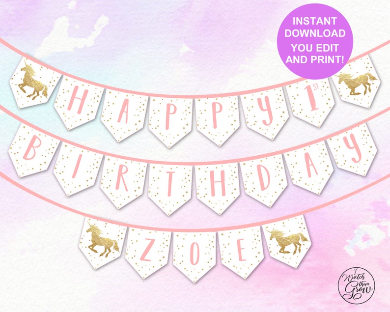 Unicorn Party Banner, Editable/Printable Unicorn Birthday Banner, Pink and Gold Unicorn Happy Birthday Banner PDF INSTANT DOWNLOAD image 1