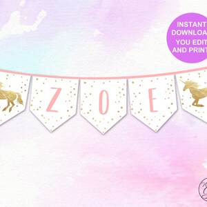 Unicorn Party Banner, Editable/Printable Unicorn Birthday Banner, Pink and Gold Unicorn Happy Birthday Banner PDF INSTANT DOWNLOAD image 2