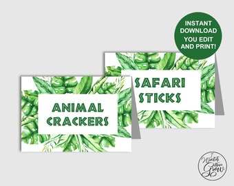 Safari Party Tent Cards, Editable Printable Jungle Party Food Cards, Buffet Cards, Place Cards, Wild One Wild and Three PDF INSTANT DOWNLOAD