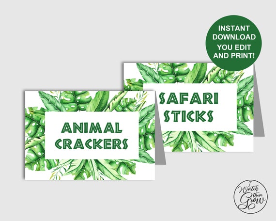 Safari Party Tent Cards, Editable Printable Jungle Party Food Cards, Buffet Cards, Place Cards, Wild One Wild and Three PDF INSTANT DOWNLOAD Il_570xn