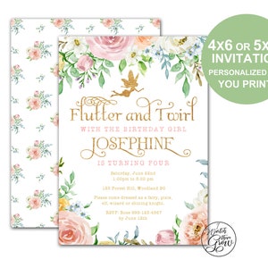 Printable Fairy Party Invitation, Custom Fairy Party Invite, Fairy Birthday Invitation, Floral Fairy Party Invites, Flutter and Twirl, PDF