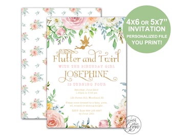 Printable Fairy Party Invitation, Custom Fairy Party Invite, Fairy Birthday Invitation, Floral Fairy Party Invites, Flutter and Twirl, PDF