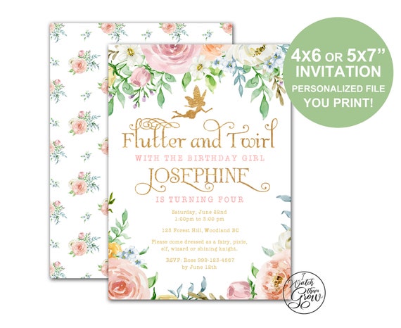 Fairy Party Invitation, Printable Fairy Invitations, Fairy Birthday Invite, Pixie Invites, Faerie Invites, 4x6 or 5x7 inch JPG or PDF Il_570xn