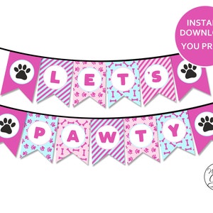 Let's Pawty Banner, Printable Puppy Party Banner, Puppy Birthday Decor, Puppy Banner, Pink Girl Puppy Party Decorations INSTANT DOWNLOAD