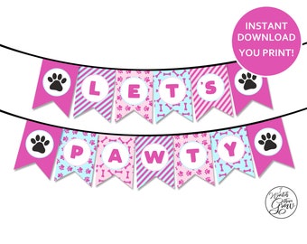 Let's Pawty Banner, Printable Puppy Party Banner, Puppy Birthday Decor, Puppy Banner, Pink Girl Puppy Party Decorations INSTANT DOWNLOAD