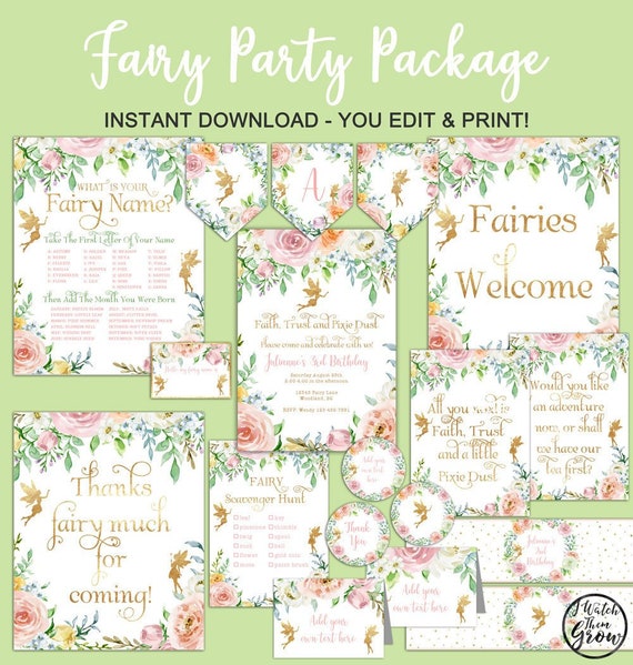 Fairy Party Package, Fairy Printables, Fairy Birthday Party Decor ...