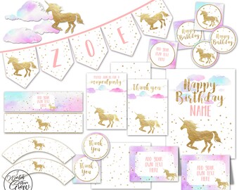 Unicorn Party Package, Printable Watercolor Unicorn Party Decorations, Unicorn Birthday Party Decor, Editable INSTANT DOWNLOAD