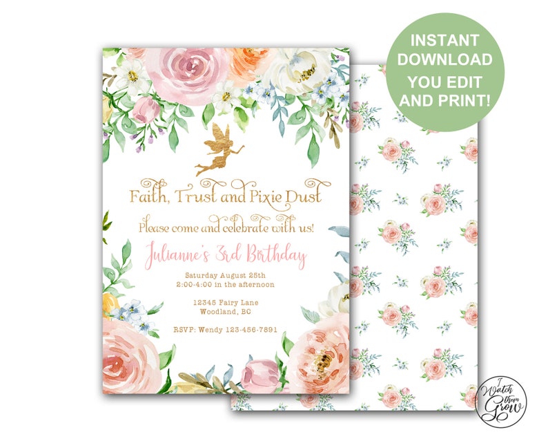 Editable Fairy Party Invitation, Printable Fairy Birthday Invitation, Fairy Baby Shower Invitation, Faith Trust Pixie Dust, Printables, PDF image 1