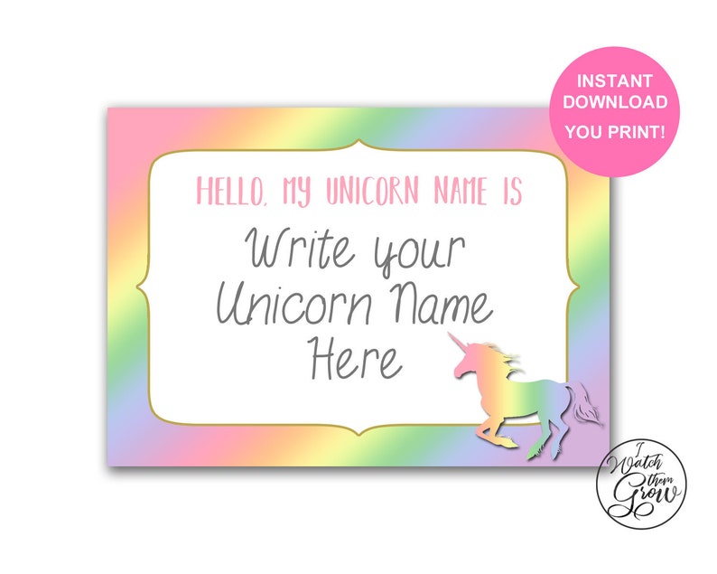 Rainbow Unicorn Name Tags, Printable Rainbow Unicorn Name Stickers, Unicorn Name Labels, Unicorn Birthday Baby Shower INSTANT DOWNLOAD image 1