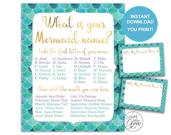 Mermaid Name Game & Name Tags, Printable "What Is Your Mermaid Name" Party Game Pack, Mermaid Birthday Party Pdf Jpg INSTANT DOWNLOAD