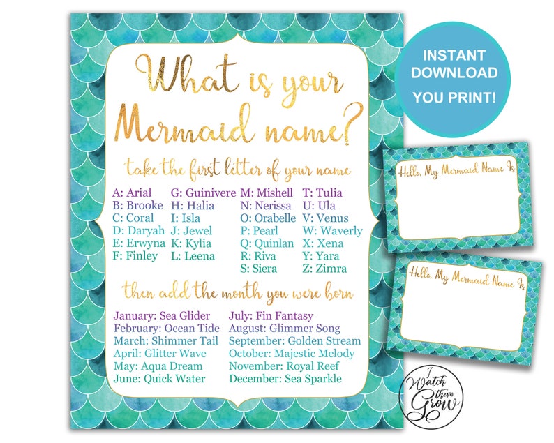 Mermaid Name Game & Name Tags, Printable What Is Your Mermaid Name Party Game Pack, Mermaid Birthday Party Pdf Jpg INSTANT DOWNLOAD image 1