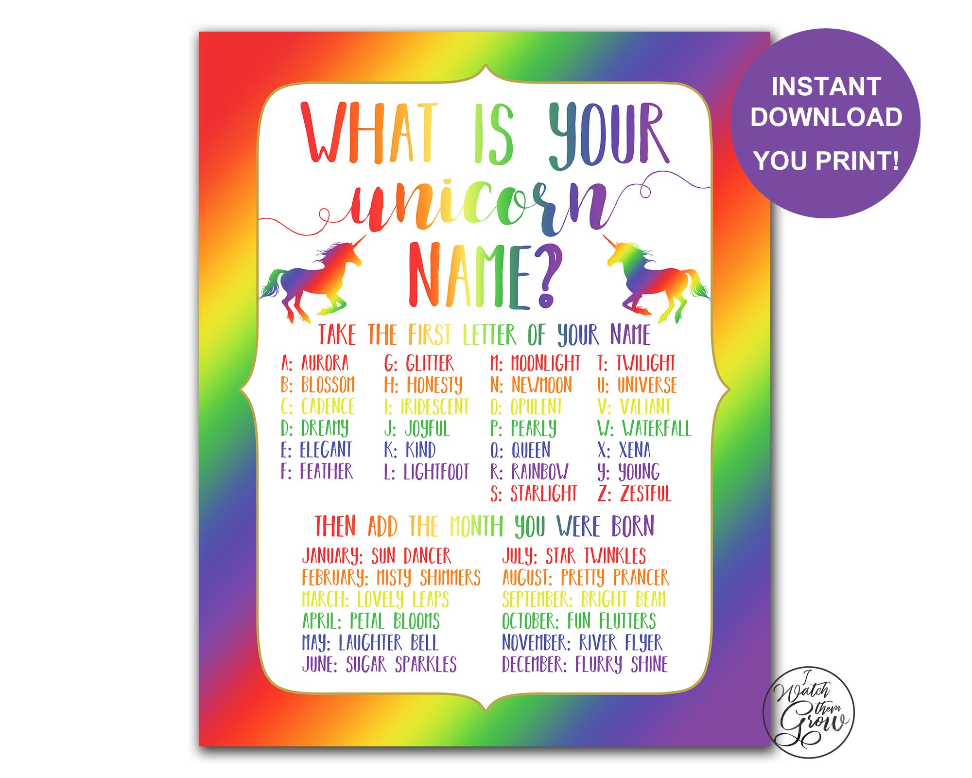 rainbow unicorn name game printable what s your etsy