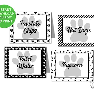 Puppy feesttentkaarten, bewerkbare afdrukbare zwart-wit puppy verjaardagskaarten buffet, puppy hond feestdecoraties, pdf INSTANT DOWNLOAD