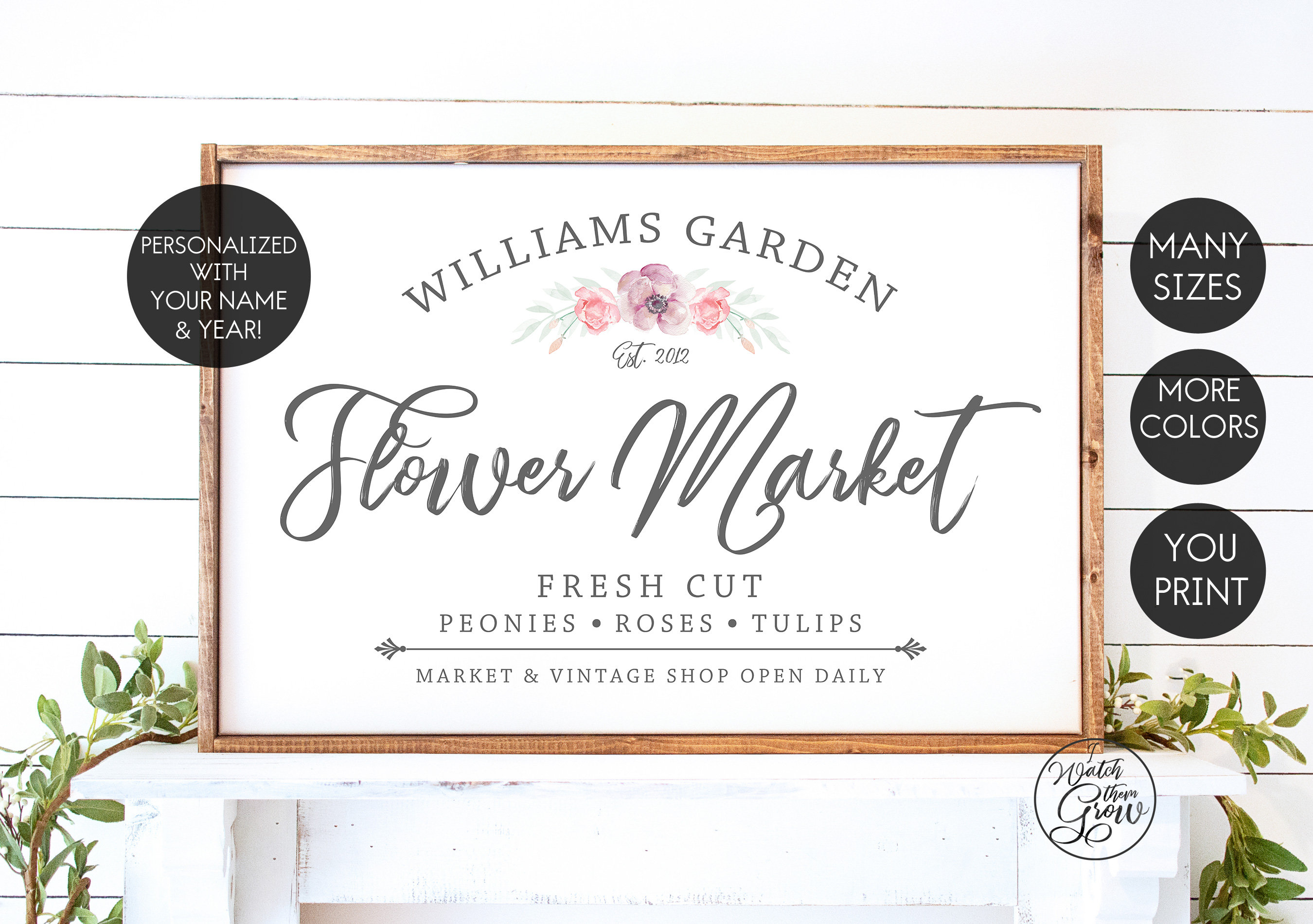 Personalized Flower Market Sign, Printable Fresh Flowers Print, Custom ...