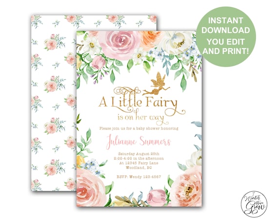 Fairy Baby Shower Invitation, Editable Printable Fairy Baby Shower Invitations, Pixie Invites, Baby Faerie Invitation PDF INSTANT DOWNLOAD Il_570xn