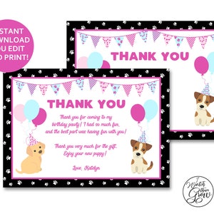 Welpen-Party-Dankeskarten, bearbeitbare druckbare Welpen-Geburtstags-Dankeskarten, Welpen-Hunde-Party-Dankeskarten-Briefpapier SOFORTIGER DOWNLOAD