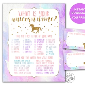 Unicorn Name Game & Name Tags Package, Unicorn Party Game, Printable &quot;What&#39;s Your Unicorn Name&quot; Birthday Party Sign INSTANT DOWNLOAD