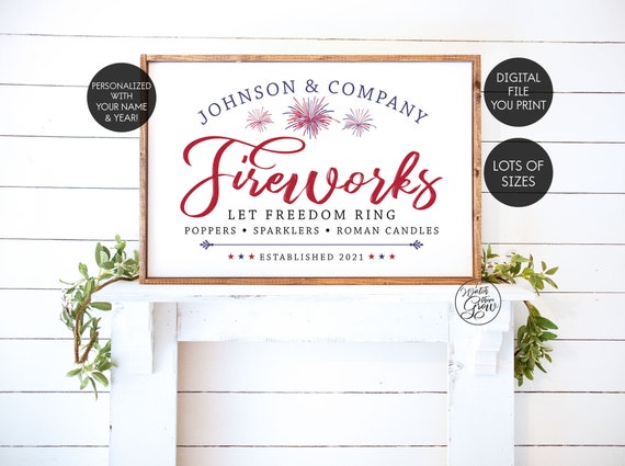 4th of July Fireworks Sign, Personalized Printable Fireworks Print, Custom Summer Wall Art, Modern Farmhouse Wall Decor, JPG File Il_570xn