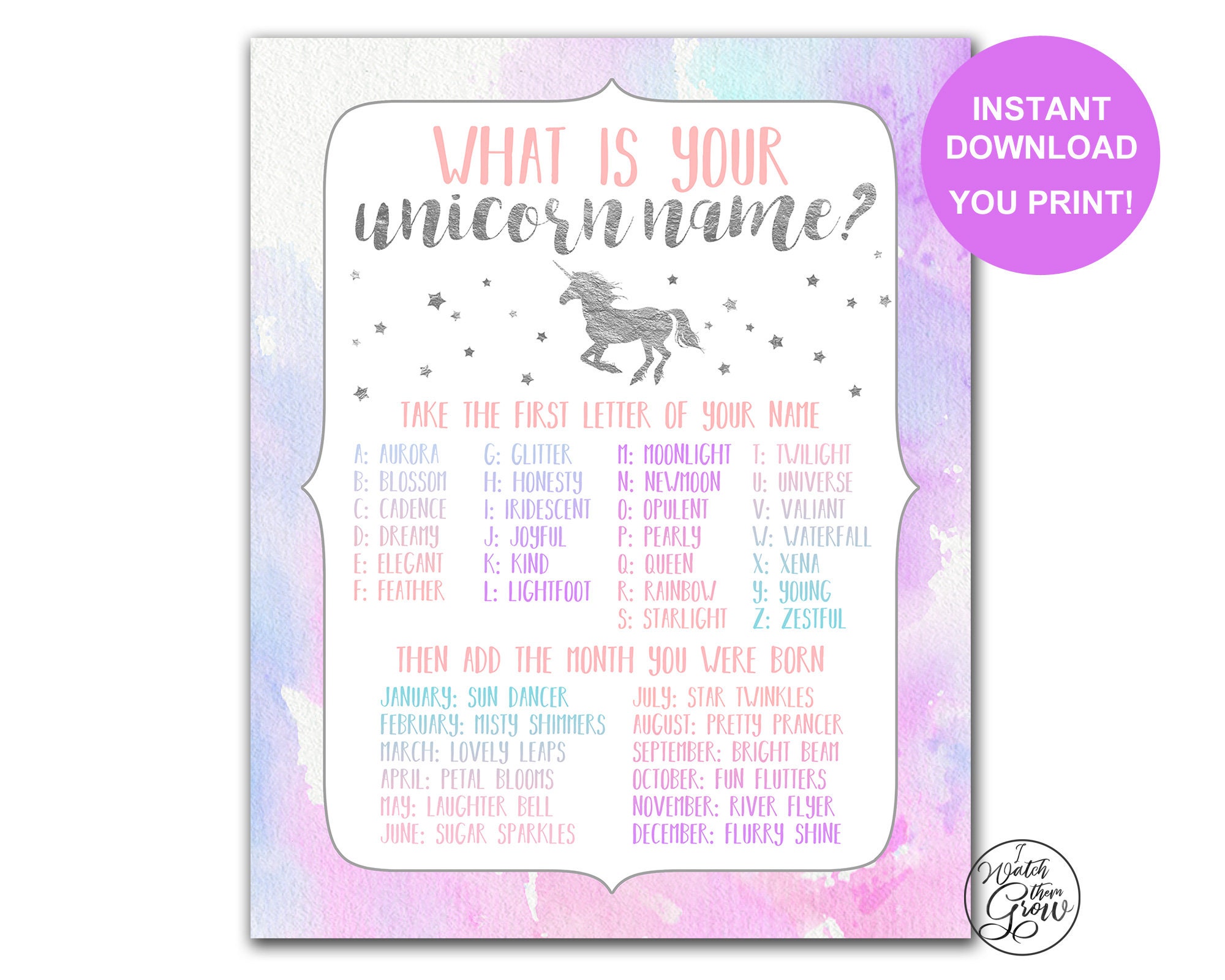 silver unicorn name game printable unicorn party game what etsy