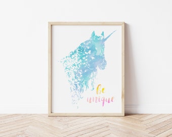 Watercolor Unicorn Wall Art, "Be Unique" Printable Nursery or Kid's Room Unicorn Wall Art, Unicorn Decor 8x10 11x14 & A4 INSTANT DOWNLOAD