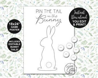 Pin the Tail on the Bunny Game, Printable Bunny Party Game, Easter Bunny Party Poster, Bunny Birthday Game 18x24 Pdf INSTANT DOWNLOAD