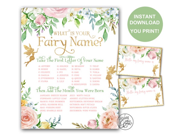 Fairy Name Game Pack, Printable "What Is Your Fairy Name" Party Poster & Fairy Name Tags, Pixie Faerie Party Game 8x10 A4 INSTANT DOWNLOAD Il_570xn
