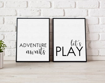 Modern Playroom Wall Art Set of 2, Printable Kid's Playroom Prints, "Adventure Awaits" and "Let's Play" Signs 8x10 & 11x14 INSTANT DOWNLOAD