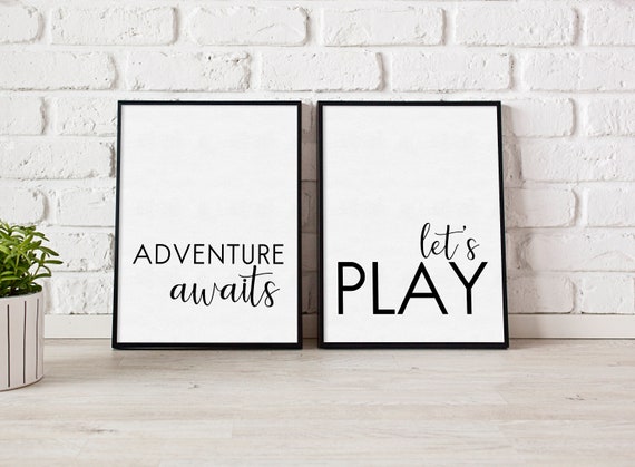 Modern Playroom Wall Art Set of 2, Printable Kid's Playroom Prints, "Adventure Awaits" and "Let's Play" Signs 8x10 & 11x14 INSTANT DOWNLOAD