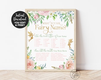 Editable Fairy Name Game, Fairy Party Game, Printable "What Is Your Fairy Name" Birthday Party Sign, Fairy Party Printables, PDF